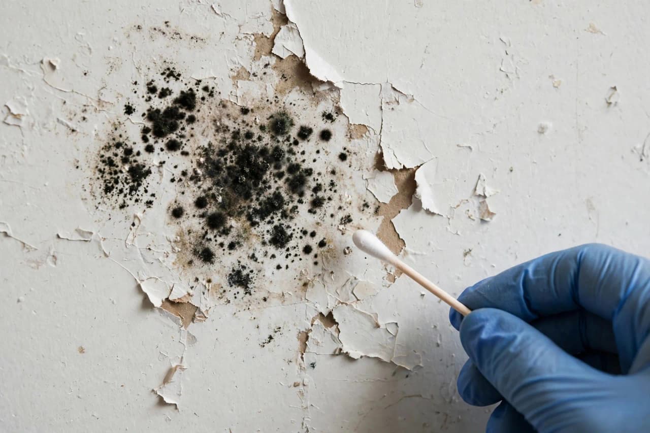 Close-up comparing black mold growth on a wall