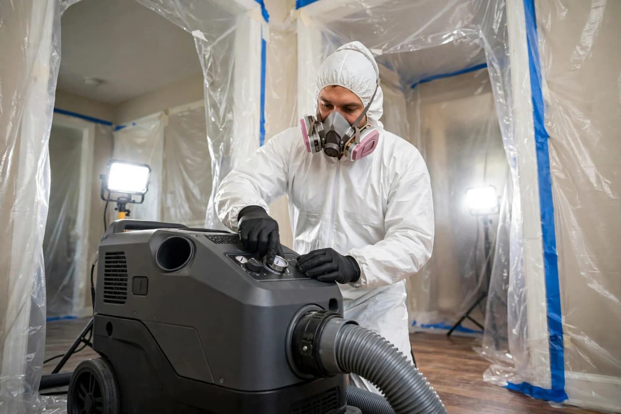 Licensed technician using HEPA filtration equipment during mold remediation in Albany NY
